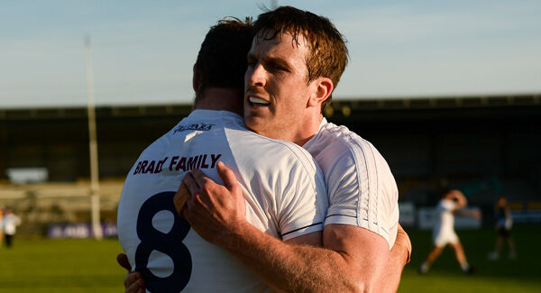 Kildare's Paddy Brophy, right, and Kevin Feely celebrate at full-time. Pic: Piaras Ó Mídheach/Sportsfile