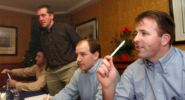 (L to R) Joe Kavanagh, Ciarán O'Sullivan, Ronan McCarthy, and Colin Corkery, pictured at the Cork footballers' meeting at Jurys Hotel, Cork, December 2002. Pic: Sportsfile
