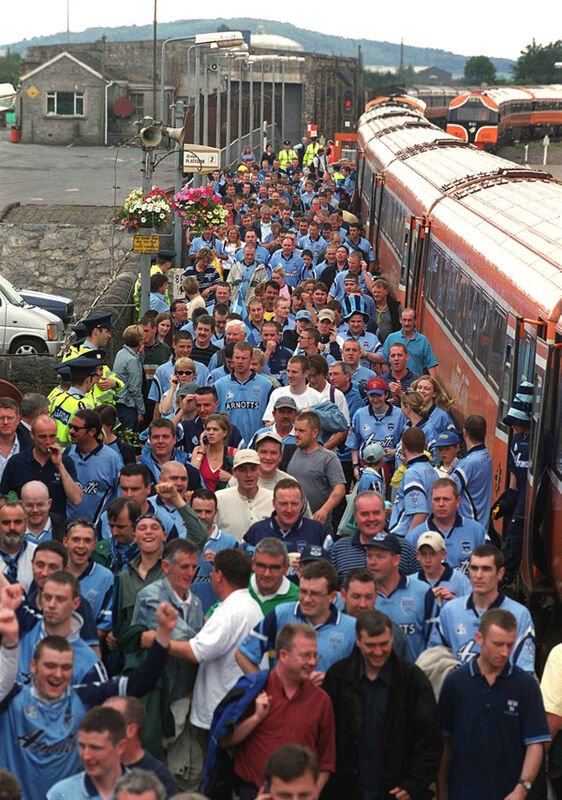 Dublin supporters arrive at Thurles train station ahead of their drawn 2001 All-Ireland SFC quarter-final clash with Kerry.