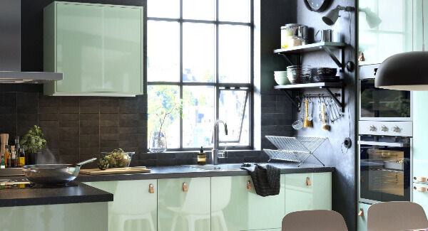 Pale green kitchen units are the perfect accent for dark grey wall paint and tiling to create a lightsome but sophisticated finish (Kallarp kitchen units from €46 at Ikea). Pale green kitchen units are the perfect accent for dark grey wall paint and tiling to create a lightsome but sophisticated finish (Kallarp kitchen units from €46 at Ikea).