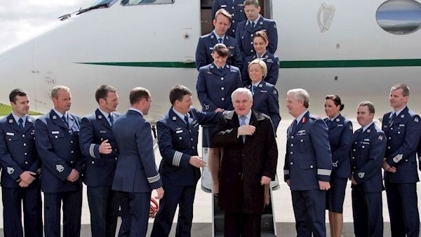 Lisa Smith (pictured second to the right of former Taoiseach Bertie Ahern). Taoiseach Bertie Ahern thanks members of the Aer Corps before boarding the Government Jet this afternoon at Casement Aerodrome on his way to address the US Congress and Senate later this week...Picture Collins, Dublin, Colin Keegan.
