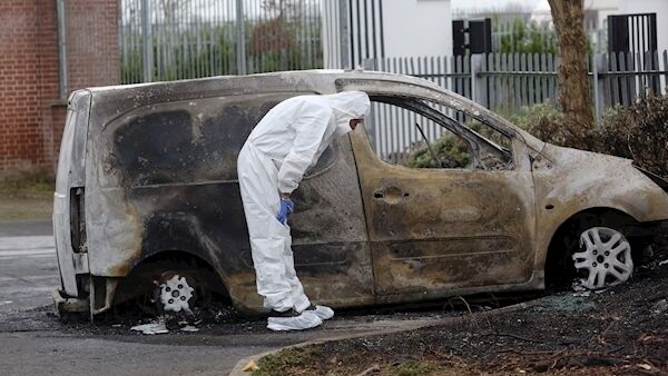 A burned out van near Lucan Community National School, which is suspected to be a getaway vehicle used in a fatal shooting this afternoon at Foxdene. Photo: Gareth Chaney/Collins.