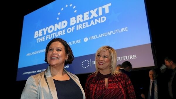Sinn Fein leader Mary Lou McDonald (left) and deputy leader Michelle O'Neill arrive at 'Beyond Brexit - The Future of Ireland' an event focusing on nationalism's response to Brexit at the Waterfront Hall in Belfast. Photo: Brian Lawless/PA Wire