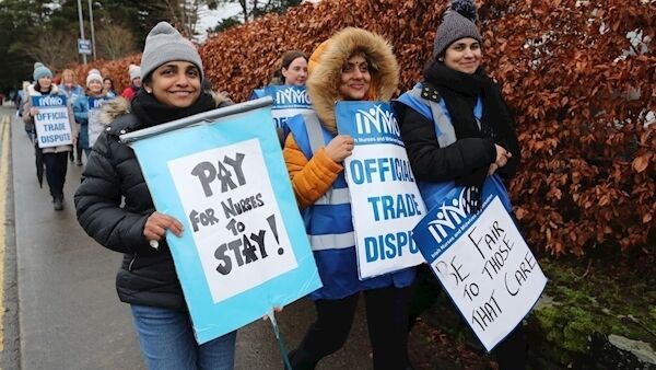 Nurses take part in their second day of industrial action over pay and conditions at Naas General Hospital, in Co Kildare. Picture: Niall Carson/PA
