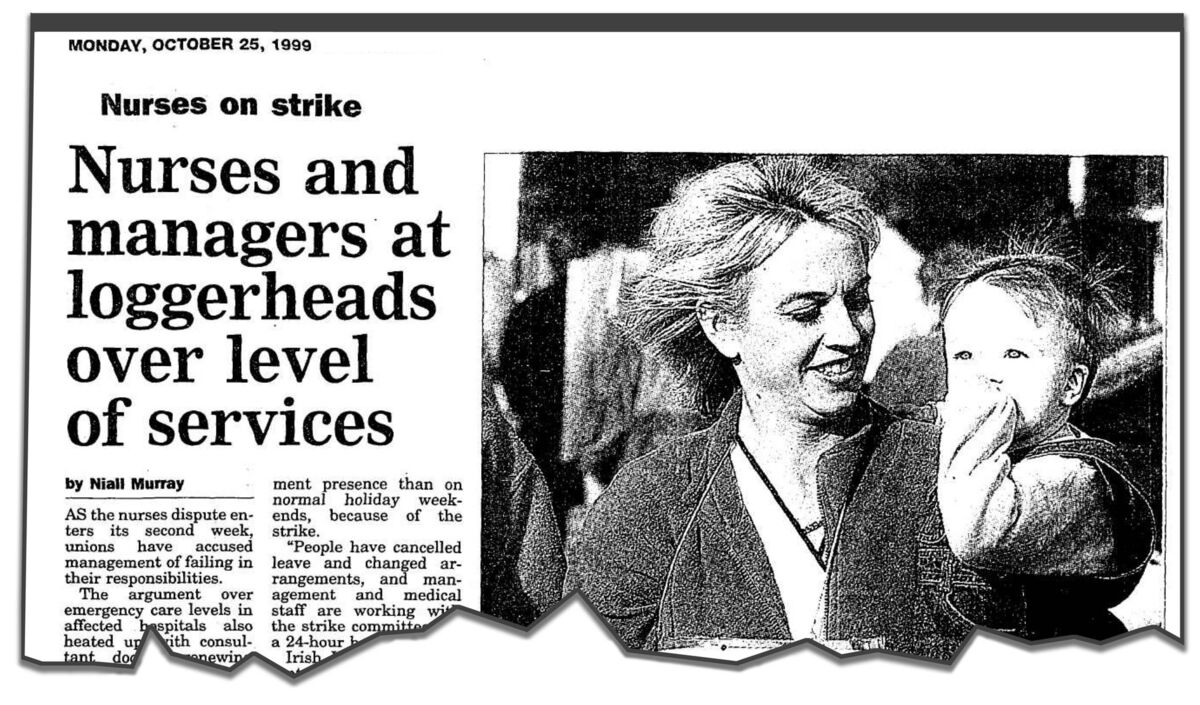 Coverage in ‘The Examiner’ of the nurses’ strike in 1999, featuring Colette Vize and her 11-month-old son Oisín on picket duty outside Louth County Hospital in Dundalk. Picture: Tom Conachy