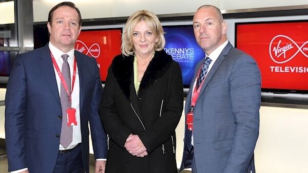 Managing Director of Virgin Media Television Pat Kiely, MEP Liadh Ni Riada and Director of Programming at Virgin Media Television Bill Malone pictured tonight as Presidential candidates arrived at Virgin Media Television Studios in Dublin for Virgin Media Television's Presidential Debate with Pat Kenny. Picture: Brian McEvoy