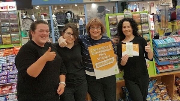 Staff at ‘Card’s ‘N Things’ newsagents in Co. Westmeath celebrate selling a €500,000 winning EuroMillions ticket.