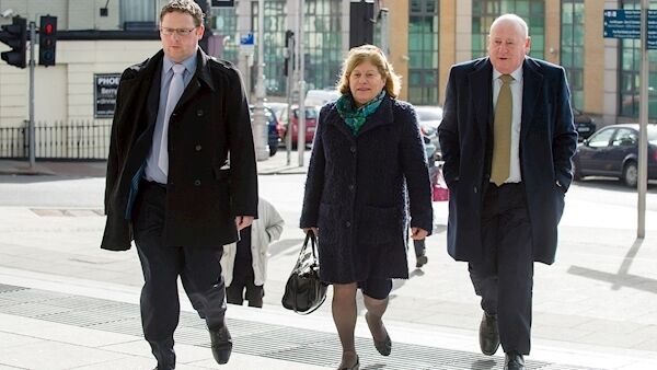 Elaine O’ Hara’s father Frank (right), his partner Sheila Hawkins (middle) and Elaine's brother John (left) at Dublin Central Criminal Court in March 2015. Pic: Collins Court