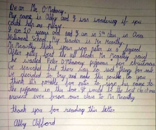 Abby's letter to John O'Mahony. Photo: Michael Mac Sweeney/Provision Abby's letter to John O'Mahony. Photo: Michael Mac Sweeney/Provision