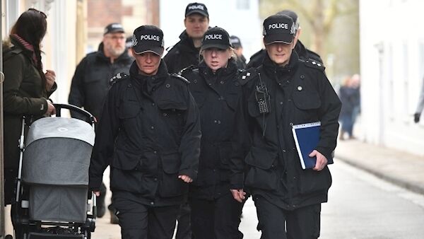 A heavy police presence around Salisbury Cathedral in Salisbury, Wiltshire, England, ahead of a visit from British Prime Minister Theresa May on the first anniversary of the Skripal Salisbury poisoning today.