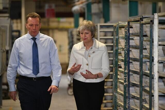 Theresa May toured the Portmeirion pottery factory in Stoke-on-Trent before her crucial speech (Ben Birchall/PA)