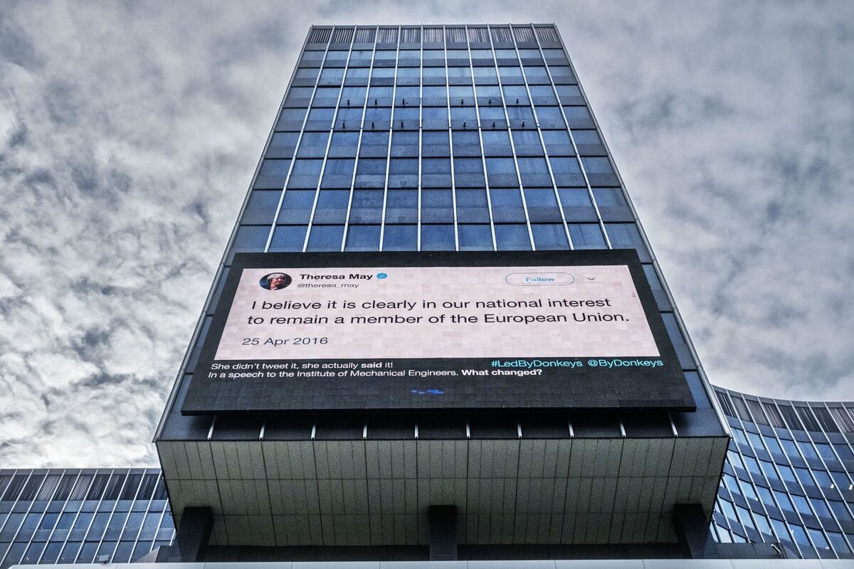 billboards in Brussels. Led by Donkeys who previously erected billboards around the UK featuring politicians' quotes on Brexit. Photo: Led by Donkeys/PA Wire.
