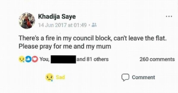 Undated Grenfell Tower Inquiry handout image of a grab taken from the final Facebook messages of a Grenfell Tower fire victim Khadija Saye. Undated Grenfell Tower Inquiry handout image of a grab taken from the final Facebook messages of a Grenfell Tower fire victim Khadija Saye.