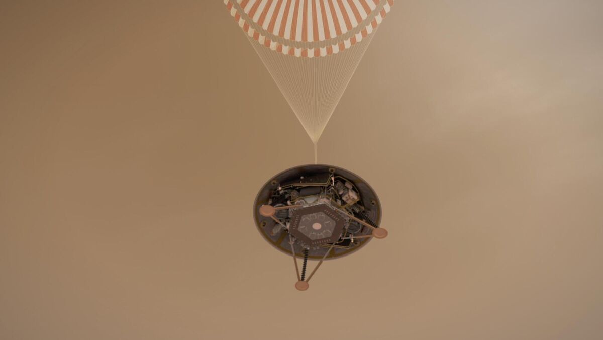 A simulated view of Nasa&rsquo;s InSight lander descending towards the surface of Mars  (Nasa/PA)