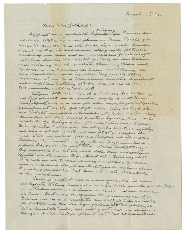The first page of Albert Einstein's "God Letter," dated January 3, 1954.in which he offers his candid and unvarnished opinion that: "The word God is for me nothing but the expression and product of human weaknesses, the Bible a collection of venerable but still rather primitive legends." (Christie's via AP) The first page of Albert Einstein's "God Letter," dated January 3, 1954.in which he offers his candid and unvarnished opinion that: "The word God is for me nothing but the expression and product of human weaknesses, the Bible a collection of venerable but still rather primitive legends." (Christie's via AP)