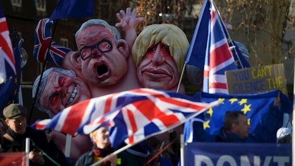 Protestors in Westminster, London, this morning. Pic: Kirsty O'Connor/PA Wire