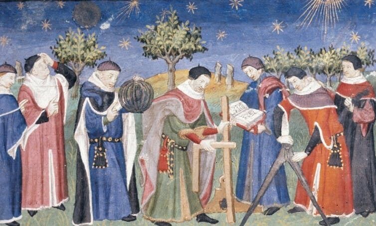Clerks studying astronomy and geometry.  Wikimedia Commons
