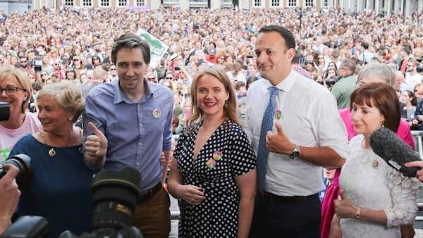Health Minister Simon Harris, senator Catherine Noone, Taoiseach Leo Varadkar, and Culture Minister Josepha Madigan during the abortion referendum count in the RDS, Dublin. Picture: Gareth Chaney