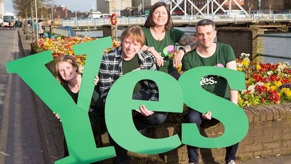 Kathy D’Arcy, back, Chair of Cork Together for Yes; with campaigners Lorna Bogue, Luke Field, and Rob O’Sullivan. Together for Yes benefitted hugely from crowdfunding. Kathy D’Arcy, back, Chair of Cork Together for Yes; with campaigners Lorna Bogue, Luke Field, and Rob O’Sullivan. Together for Yes benefitted hugely from crowdfunding.