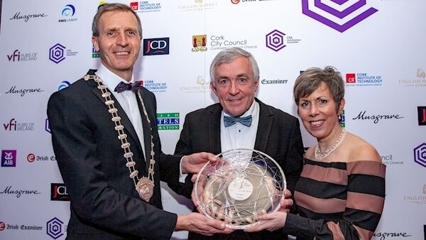 Philip Gillivan, president of Cork Business Association, and Dr Orla Flynn, vice-president for external affairs at CIT, present Michael O’Flynn with the Champion of Cork Award at the Cork Business of the Year Awards.