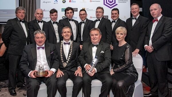 The McCarthy Insurance team, winner of the overall Cork Business of the Year Awards (medium category). Back: Dave Power, Sean O’Riordan, David McCarthy, CJ McCarthy, Andrew McCarthy, Brendan Harrington, Niall Tynan, with Lawrence Owens, Cork Business Association CEO; and sponsor John Cleary. Front: Charles McCarthy CEO of McCarthy Insurance, Philip Gillivan, president CBA, Paul Kavanagh, McCarthy Insurance MD, and Gillian O’Leary