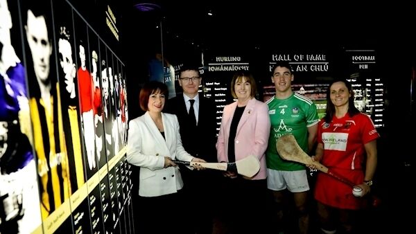 At Unesco’s announcement are Culture Minister Josepha Madigan, GAA president John Horan, Camogie Association president Kathleen Woods, Limerick’s John Flynn, and Cork’s Aoife Murray Picture: Maxwells