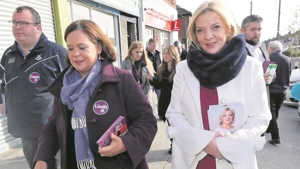 Sinn Féin Leader Mary Lou McDonald and Sinn Féin’s presidential candidate Liadh Ní Riada at a recent canvasing in Cabra, Dublin. Ms McDonald has credited Sinn Féin’s presidential candidate for sparking a healthy conversation on the poppy, but made clear she would not wear one as party leader.