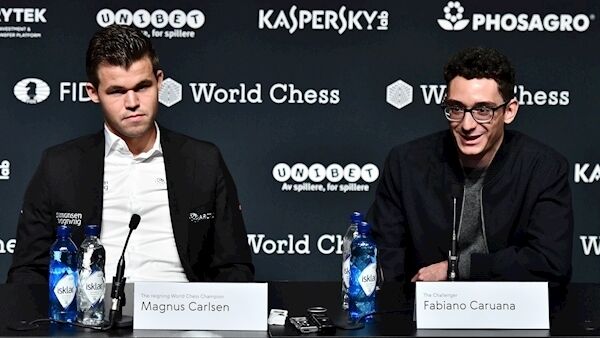 Norway’s Magnus Carlsen and challenger, American Fabiano Caruana, at a press conference yesterday ahead of their match in London. Picture: Ben Stansall/AFP/Getty Images