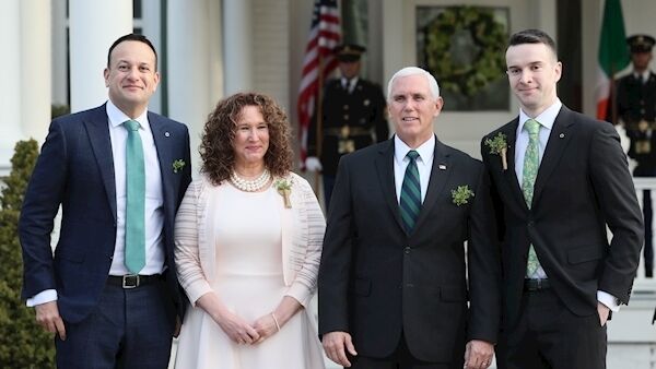 Taoiseach Leo Varadkar (left) accompanied by his partner Matt Barrett (right) as he stands in a group photograph with the US Vice President Mike Pence (second right) and the VP's sister Anne Pence Poynter. Picture: Brian Lawless/PA Wire