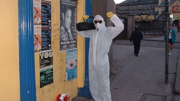 People’s Republic of Cork spoof character Tommy Mitsu mourns the end of Sweat at the door of Sir Henrys.