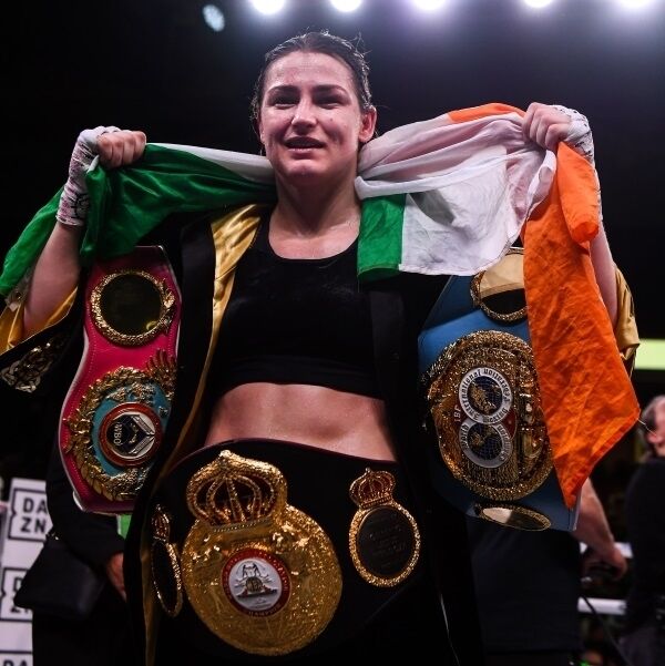 Katie Taylor celebrates after defeating Rose Volante. Picture: Stephen McCarthy/Sportsfile