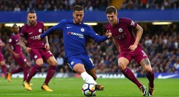 Manchester City’s John Stones tries to close down Chelsea’s Eden Hazard in last season’s Premier League clash at Stamford Bridge. Chelsea have the tools to hurt City. Picture: Clive Rose