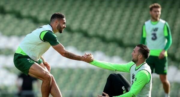 Derrick Williams and Shane Duffy in Ireland training this week ahead of the clash with Denmark at the Aviva Stadium tomorrow. Picture: Inpho
