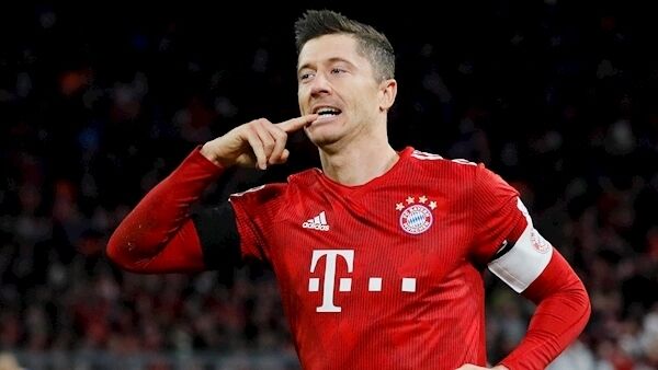 Robert Lewandowski celebrates after scoring for Bayern Munich earlier this month. Picture: Ronald Wittek/EPA
