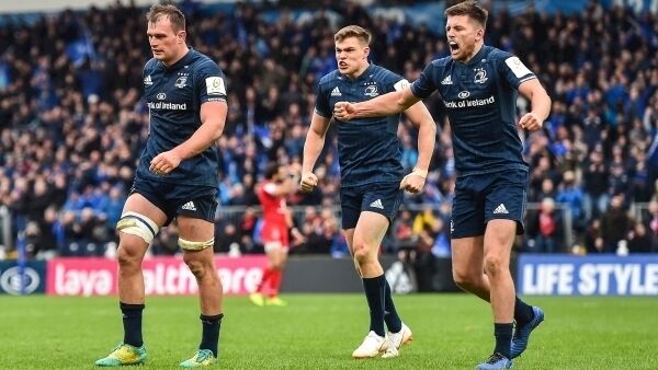 Leinster players Garry Ringrose, centre, and Ross Byrne, right, celebrate their side winning a penalty during the Heineken Champions Cup Pool 1 Round 5 match between Leinster and Toulouse at the RDS Arena in Dublin. Photo by Seb Daly/Sportsfile Leinster players Garry Ringrose, centre, and Ross Byrne, right, celebrate their side winning a penalty during the Heineken Champions Cup Pool 1 Round 5 match between Leinster and Toulouse at the RDS Arena in Dublin. Photo by Seb Daly/Sportsfile