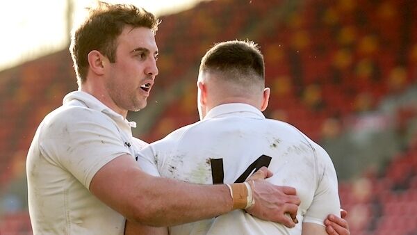 Cork Constitution's Sean Ffrench celebrates scoring a try with Kevin Sheehan. Pic: ©INPHO/Laszlo Geczo