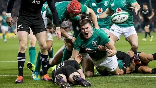 Ireland's Jacob Stockdale celebrates scoring with Josh van der Flier. Pic: INPHO/Gary Carr