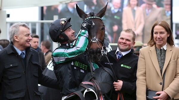 Altior ridden by Nico de Boinville with winning connections including Trainer Nicky Henderson following their victory in the Betway Queen Mother Champion Chase during Ladies Day of the 2019 Cheltenham Festival at Cheltenham Racecourse. Photo credit: Nigel French/PA Wire.