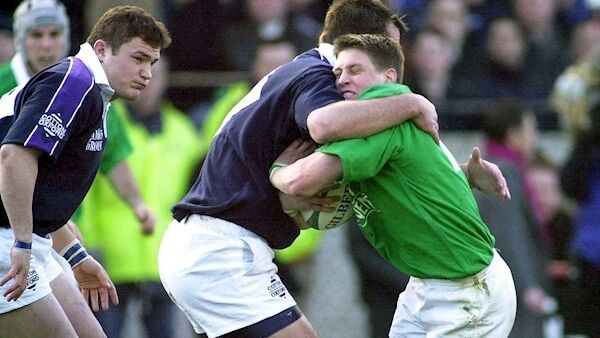 CRUNCH TIME: Ireland’s Ronan O’Gara is tackled by Scotland’s Martin Leslie at Lansdowne Road in Feburary 2000. It was his first international start. Being named to start against Scotland nearly 19 years ago was the culmination of 14 years of dreams, says O’Gara. Picture: Brendan Moran/Sportsfile