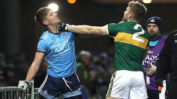 Kerry's Peter Crowley and Michael Fitzsimons of Dublin tussle which results in Michael Fitzsimons being sent off Mandatory Credit ©INPHO/Lorraine O'Sullivan