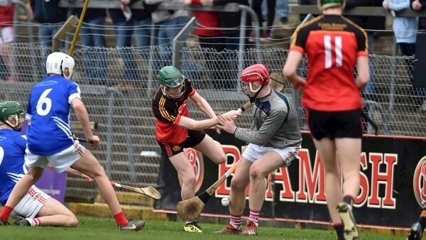 Jack Cahalane has his shot saved by from Midleton CBS goalkeeper Jack McGann during the Harty Cup final at Pairc Ui Rinn.