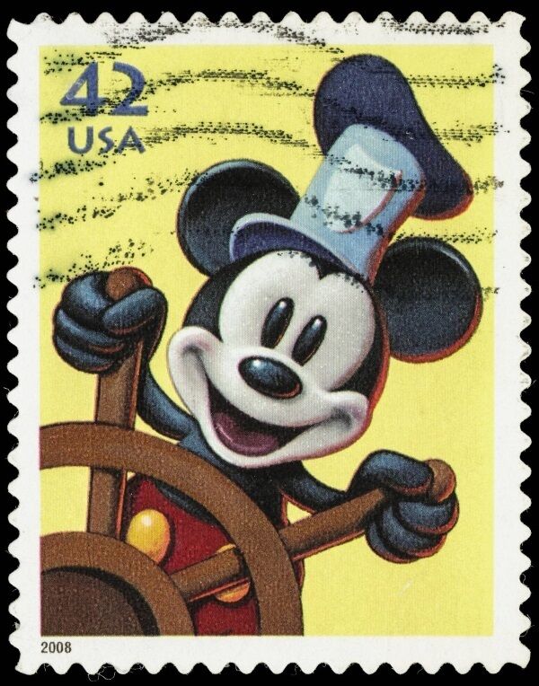 A 2008 US postage stamp celebrating 80 years since the cinematic release of Steamboat Willie (1928) , the short movie that introduced Mickey Mouse talking to the world. It would cost €3-€5 today from a specialist dealer.