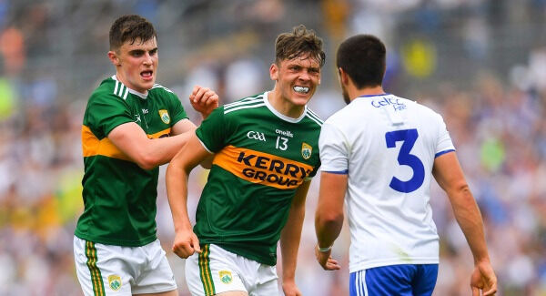 Seán O'Shea, left, and David Clifford of Kerry taunt Drew Wylie of Monaghan during the GAA Football All-Ireland Senior Championship Quarter-Final Group 1 Phase 2 match between Monaghan and Kerry at St Tiernach's Park in Clones, Monaghan. Photo by Ramsey Cardy/Sportsfile