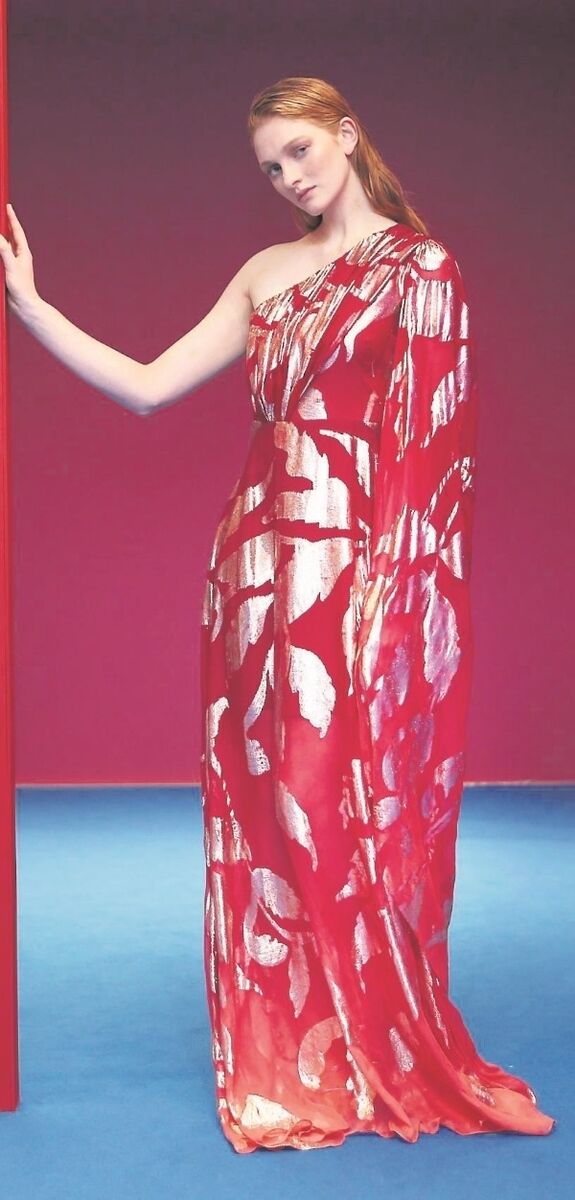 Aine O’Gorman wears Peter Pilotto red and gold one-shouldered dress (€3,985) at the Brown Thomas spring/summer 2019 collections.