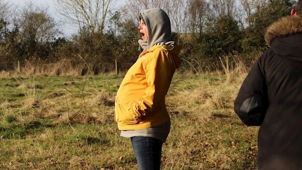 Suz Brown, weeks from her due date, on a field trip to Cloughjordan Ecovillage for her course in co-operatives, agri-food, and sustainable development.