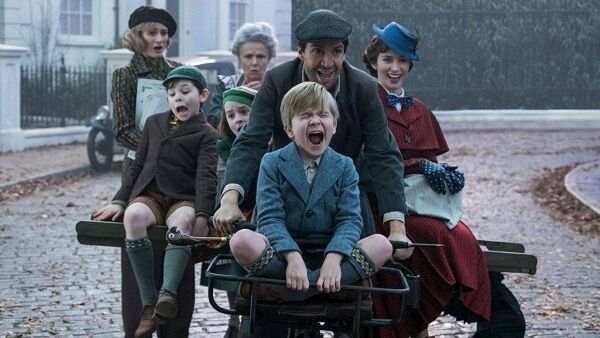 Lin-Manuel Miranda, Emily Mortimer, Julie Walters, Emily Blunt, Pixie Davies, Nathanael Saleh, and Joel Dawson in Mary Poppins Returns. Picture: Jay Maidment/Disney Lin-Manuel Miranda, Emily Mortimer, Julie Walters, Emily Blunt, Pixie Davies, Nathanael Saleh, and Joel Dawson in Mary Poppins Returns. Picture: Jay Maidment/Disney