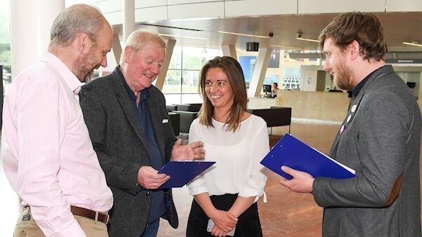 Holly McKeever Cairns with her supporters at the re-count for the Bantry, West Cork, local electoral area for the local elections, in Cork County Hall. Pic: David Keane.