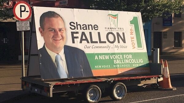 Fianna Fáil candidate Shane Fallon’s election trailer parked on Ballincollig’s main street inside the town’s poster-free zoned. Fianna Fáil candidate Shane Fallon’s election trailer parked on Ballincollig’s main street inside the town’s poster-free zoned.