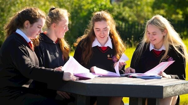 Presentation Waterford studnets Faith O’Niell, Jodie Fagan Katie Connell and Robyn Morrissey assess English paper two. Picture: Patrick Browne
