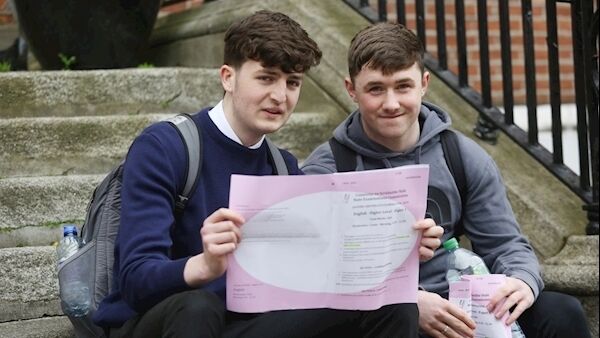 CUS students Aaron Tracey and James Byrne following the Leaving Cert Paper 1. Picture: Gareth Chaney Collins